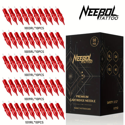 Tattoo Cartridge Needles with Neebol Label, 20 or 50-Piece #10 #12 Round Liner and RM Choices