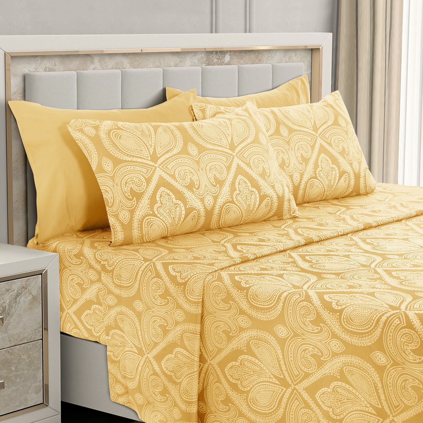 Bed Sheet Set 6-Piece Paisley Brushed Microfiber with 16-Inch Pocket and Six Size Families