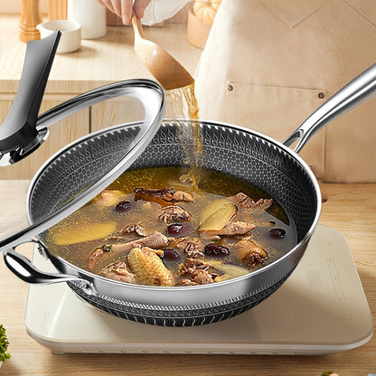 Stainless Steel Wok Set 13.3 Inch Non-stick Honeycomb Design with Lid & 2 Cookware Accessories