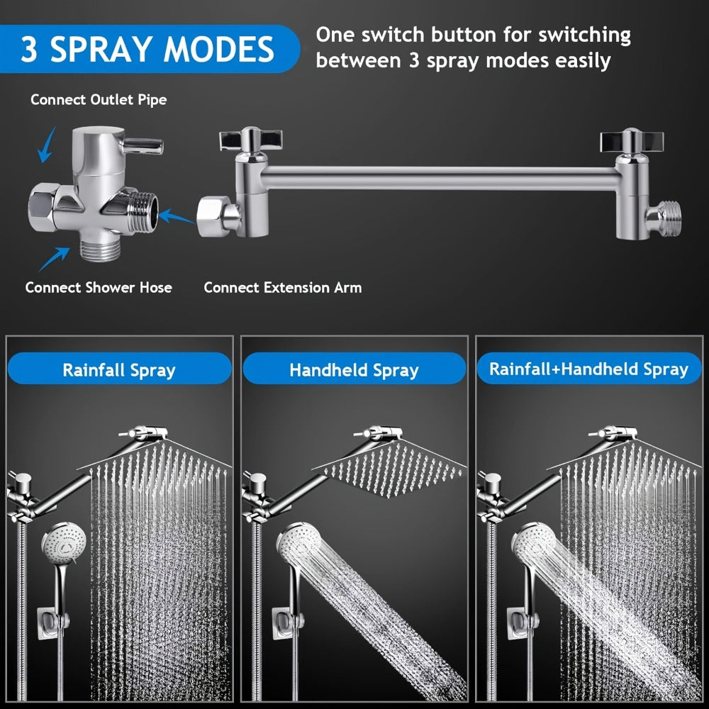 Rainfall and Handheld Shower Combo with 8-Inch Square Head, 11-Inch Extension Arm and Chrome Finish