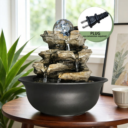 Indoor Tabletop Fountain with LED Light, Rolling Crystal-Look Sphere and 8.3 x 7.9 x 7.9-Inch Stone-Look Waterfall Form