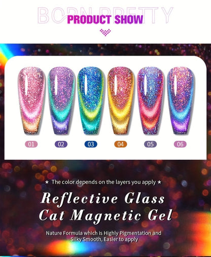 Cat Eye Gel Polish Set 6pcs BORN PRETTY Double Light Reflective Magnetic - Sparkling Rainbow Glass Cat Eye Effect Soak Off UV LED Gel 10ml Each Long Lasting Salon & Home DIY Manicure Kit for Women