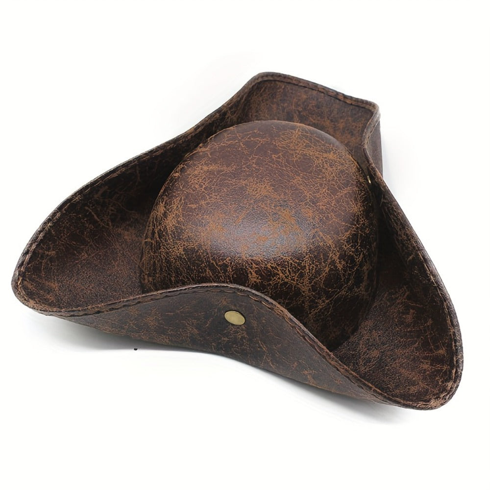 Distressed Faux Leather Pirate Tricorn Hat with Wide Three-Point Brim in Black or Brown for Adult Costumes