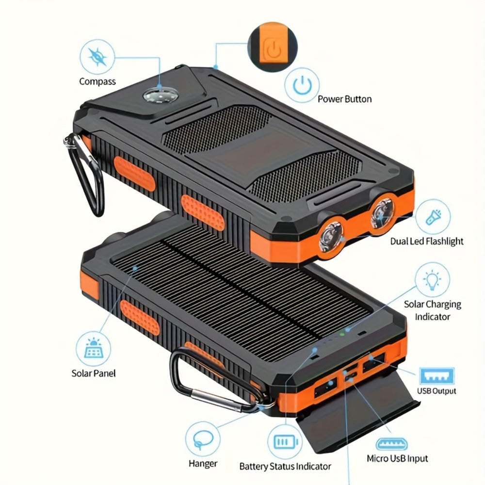 Solar Power Bank, 20000mAh Dual-USB Charger with Solar Panel, LED Flashlight, Compass and Five Color Options