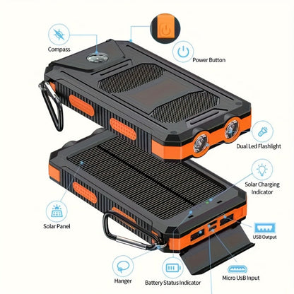 Solar Power Bank, 20000mAh Dual-USB Charger with Solar Panel, LED Flashlight, Compass and Five Color Options