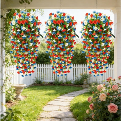 Artificial Flowers Six-Piece Hanging Morning Glory Vine Set in Red White and Blue for Seasonal Decor