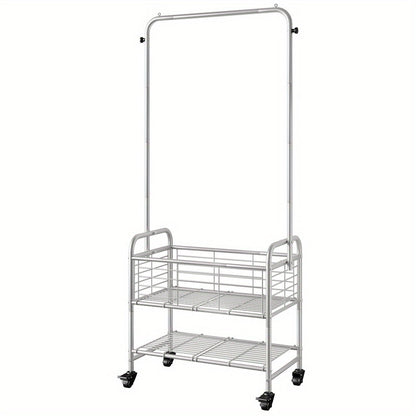 Rolling Laundry Basket Cart with 70.25-Inch Hanging Rail, Two Shelves, Four Casters and White, Black or Silver Frames