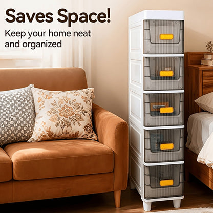 Storage Cabinet Slim PP Drawer Tower with Wheels, Pull-Out Bins and Three, Four or Five Layers