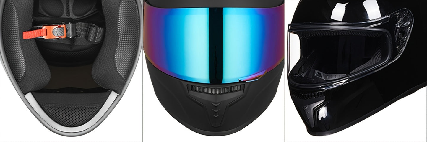 Full Face Motorcycle Helmet DOT Certified – Removable Washable Liner, Color Lens Compatible, Unisex S–XL, Matt Black / Gloss Black / White