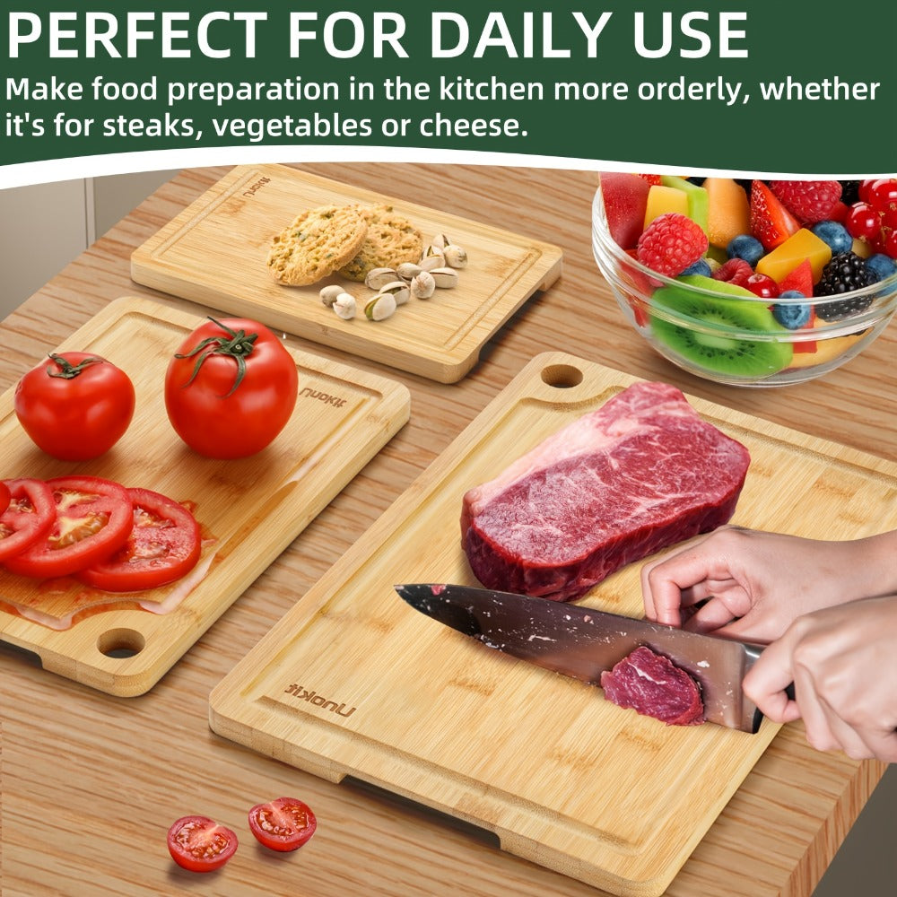 Wood Cutting Board Set of 3 Natural Wooden Chopping Boards with Juice Groove & Non-Slip Edges – Reversible Design for Meat BBQ Home Kitchen Restaurant Holiday Gift