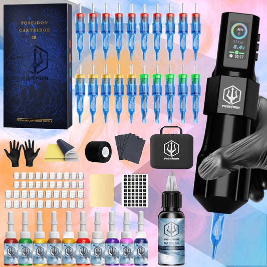 Tattoo Kit Complete Wireless with LCD Screen - POSEIDON LTK08 Battery Pen 20 Needles 11 Inks 6H Runtime Practice Skin Transfer Paper Full Tattoo Supplies for Beginners & Professional Artists