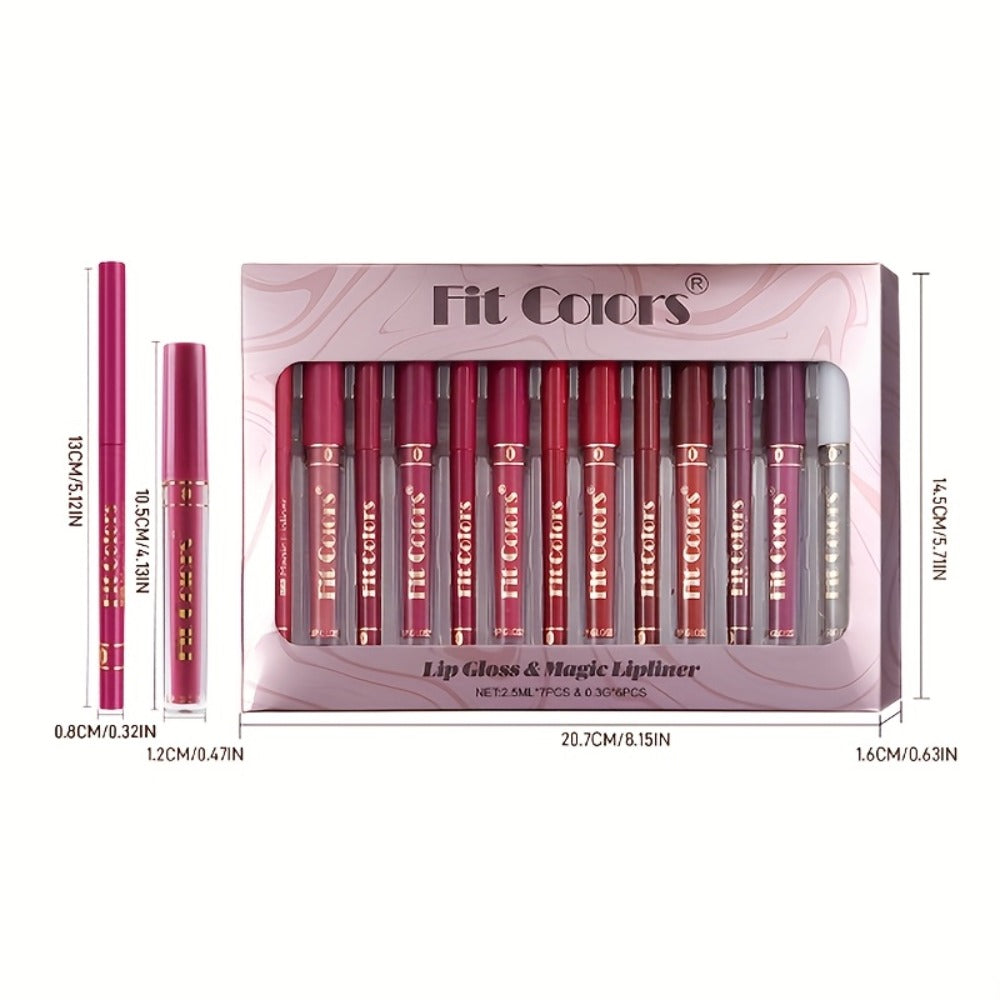 Lip Liner and Lip Gloss Kit 13 Piece Matte Non-Stick Waterproof Pigmented Long-Lasting Moisturizing Lip Glaze Combo Set for Defined Glossy Lips Women Girls