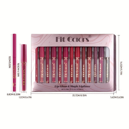 Lip Liner and Lip Gloss Kit 13 Piece Matte Non-Stick Waterproof Pigmented Long-Lasting Moisturizing Lip Glaze Combo Set for Defined Glossy Lips Women Girls