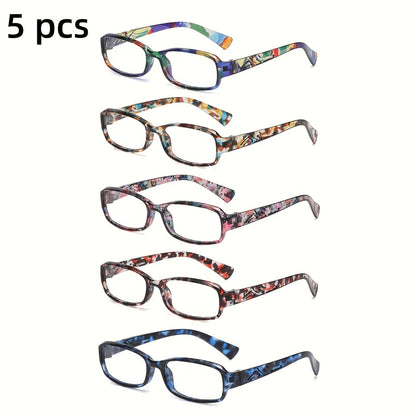Reading Glasses 5-Pack Square Multicolor Printed Frames with HD Lens Label & 1.0x to 4.0x Options