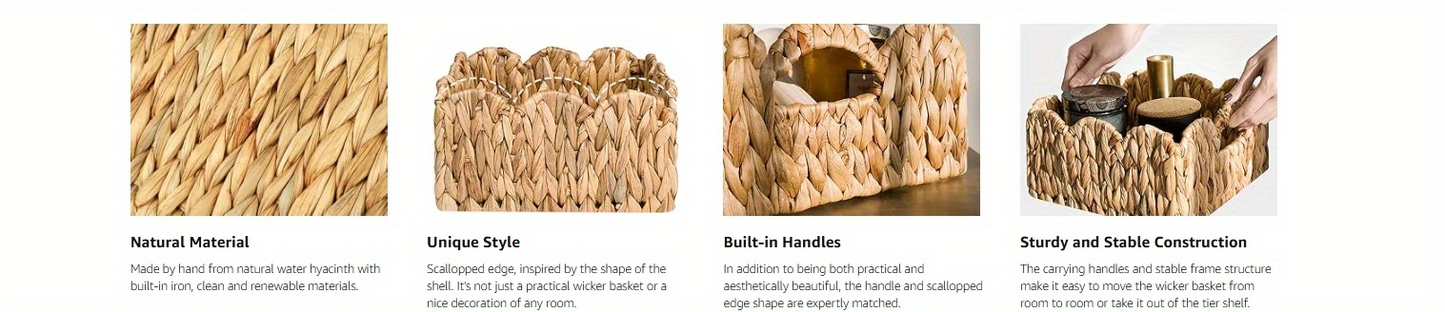 Scalloped Wicker Baskets Set of 2 - Water Hyacinth & Seagrass Woven Rattan Basket with Handles for Shelf, Nursery, Bathroom, Living Room Boho Decor