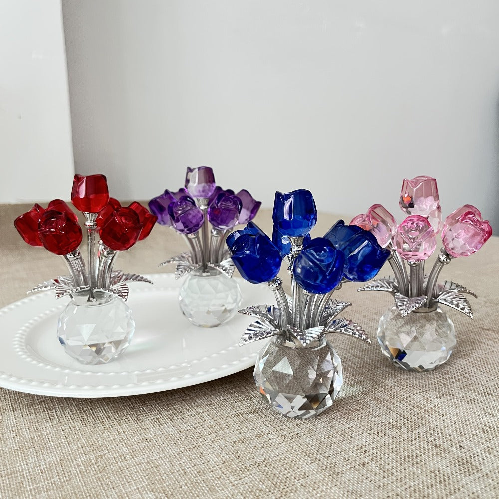 Glass Rose Floral Sculpture in Blue or Purple with Five Faceted Blooms and Silver-Tone Leaves for Display