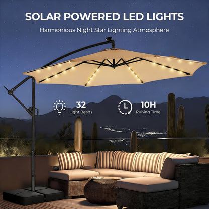 Solar Patio Umbrella 10FT Offset Cantilever LED Lights UPF50+ UV