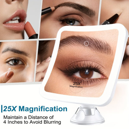 25X Magnifying Mirror with LED Light Suction Cup Mount, Lighted Makeup Mirror 360° Rotation Touch Control 3 Color Modes 2000mAh Rechargeable for Bathroom Vanity Eyebrow Skincare, Tweezer Gift Set