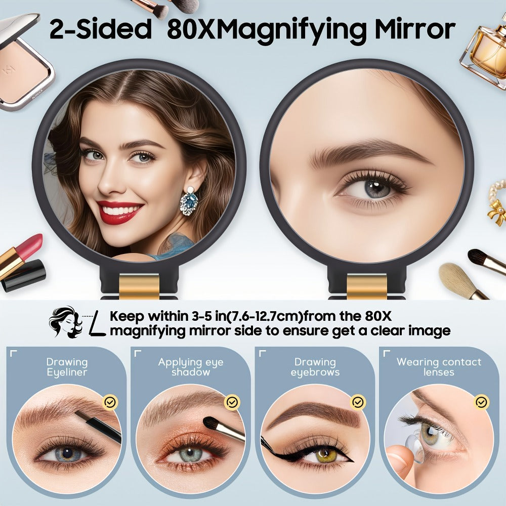 Black Handheld Magnifying Mirror with 360-Degree Adjustable Handle and Compact Travel Format, 80X Checkout Label