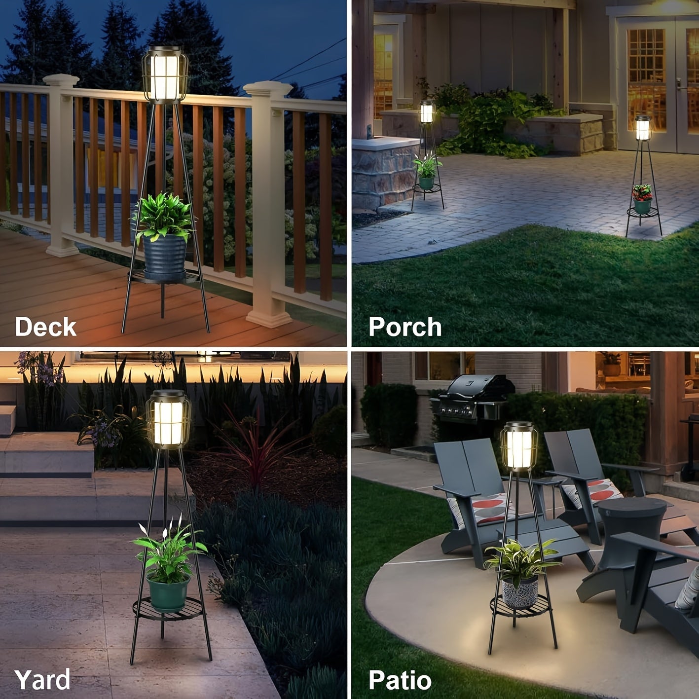 Solar Floor Lamp with Metal Plant Stand 36 Inch Outdoor Solar Light Flower Shelf for Patio Deck Yard Garden Outdoor Decor Gift Set of 2