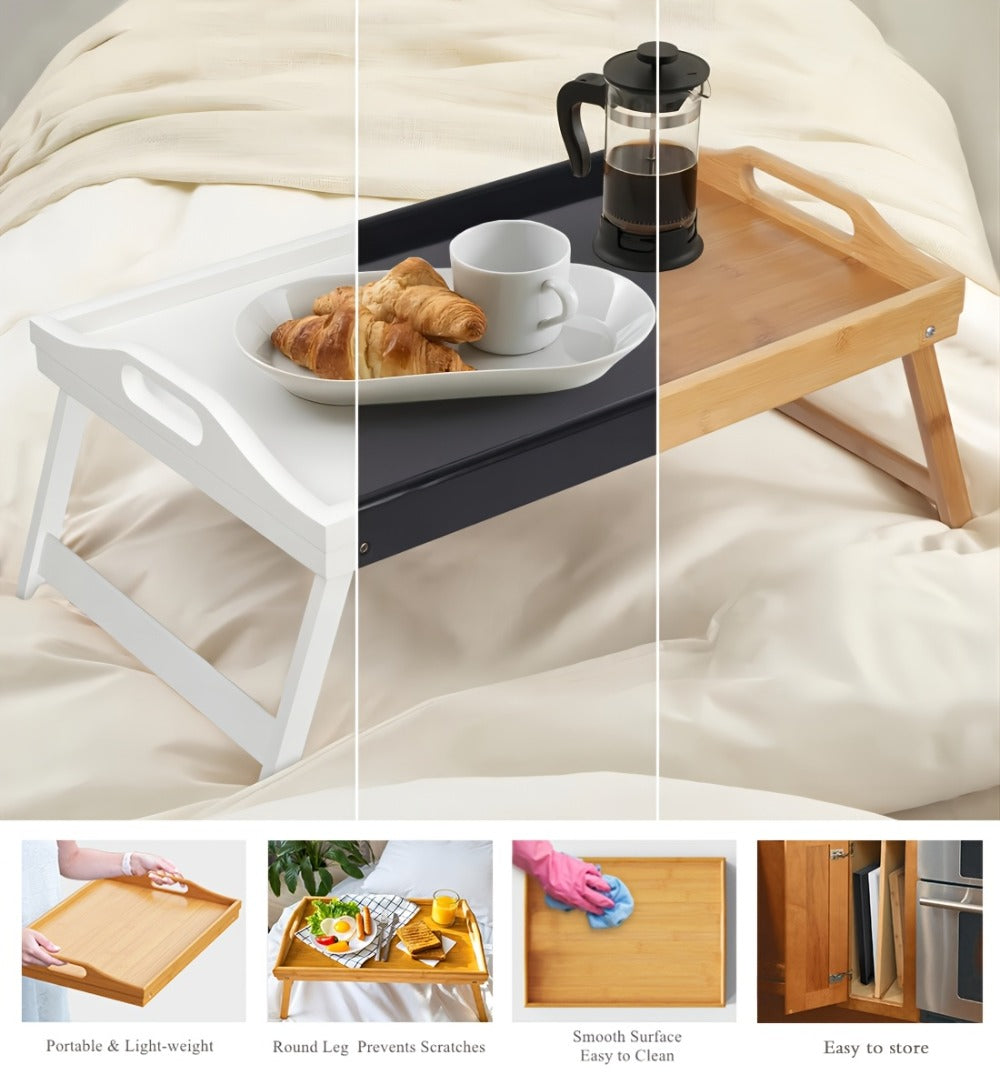 Bamboo Breakfast Tray with Folding Legs & Handles 2 Pack – Extra Wide Foldable Bed Tray Table for Eating, Working & Drawing on Sofa or Bed, Food-Safe Natural Bamboo with 10 Paper Plates