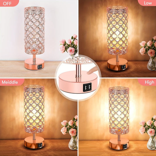 Crystal Bedside Table Lamp with Touch Control & 2 USB Charging Ports, 3-Way Dimmable Nightstand Lamp with Decorative Crystal Base, LED Bulb Included, for Bedroom Living Room Office