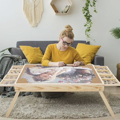 Foldable Wooden Jigsaw Puzzle Table with 4 Storage Drawers, 16 Sorting Grids and Natural-Color 1000-Piece Work Surface