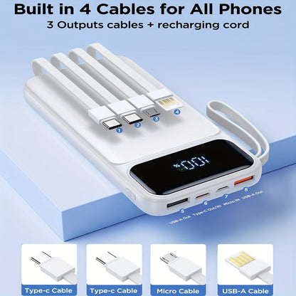 20000mAh Power Bank with Four Built-In Cable Leads, 20W Marking, Percentage Display and Three Colors