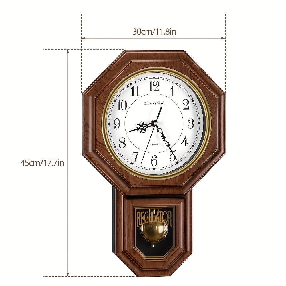 Two-Piece Octagonal Pendulum Wall Clock Set with 30 x 45 cm Frame and Brown or Mahogany-Colored Finish