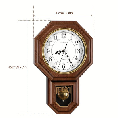 Two-Piece Octagonal Pendulum Wall Clock Set with 30 x 45 cm Frame and Brown or Mahogany-Colored Finish