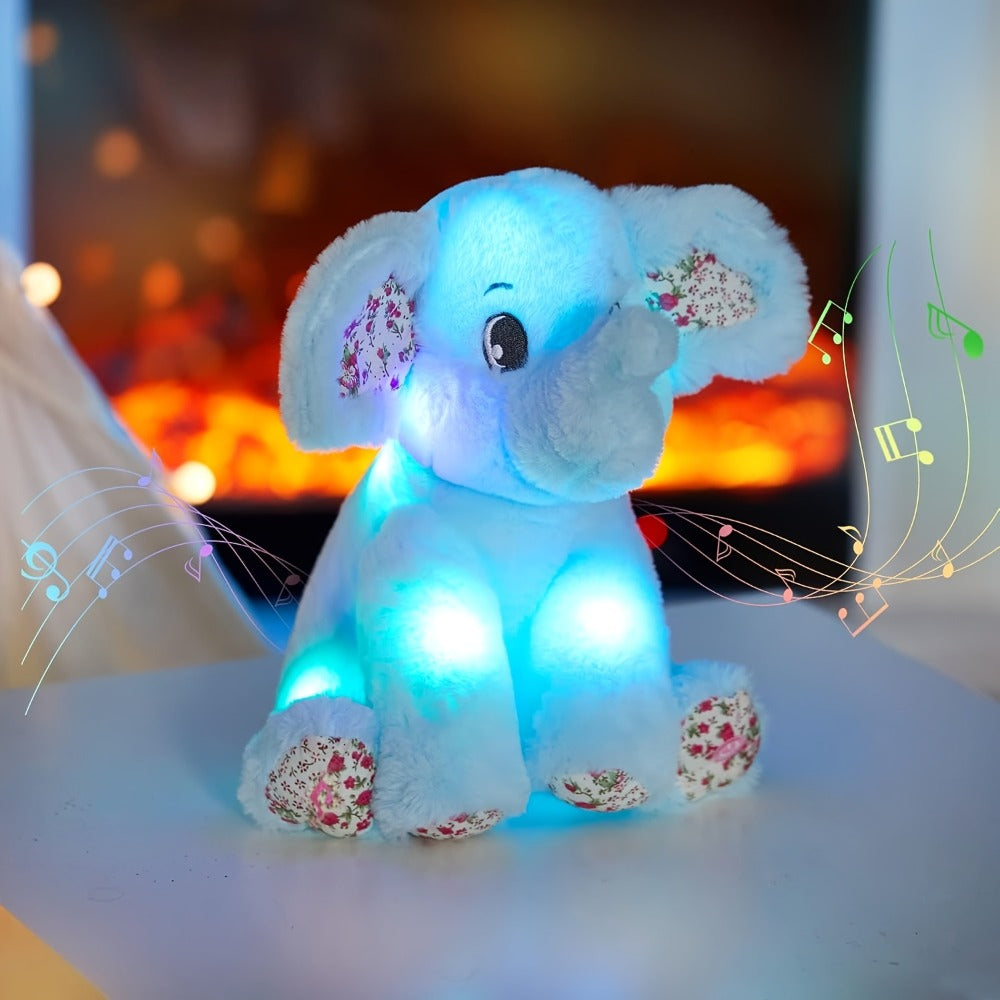 Plush Toy – Blue Elephant with LED Glow and Optional Lullaby Music for Soft Room Display and Gifting