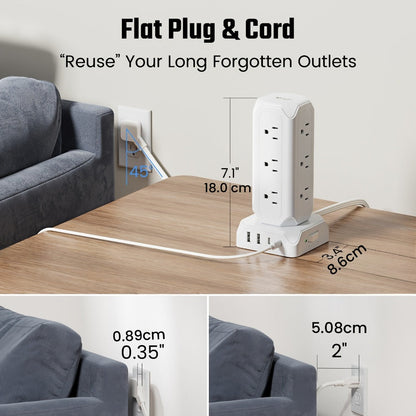 Power Strip Tower 16-in-1 Surge Protector 12 AC Outlets 4 USB Ports USB-C PD20W 1800J Protection Desktop Charging Station 10ft or 15ft Extension Cord for Office School Dorm White