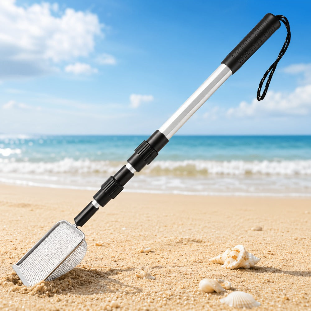 Three-Section Telescopic Beach Sand Sifter with Rectangular Mesh Basket, Wrist Strap and Retractable Handle