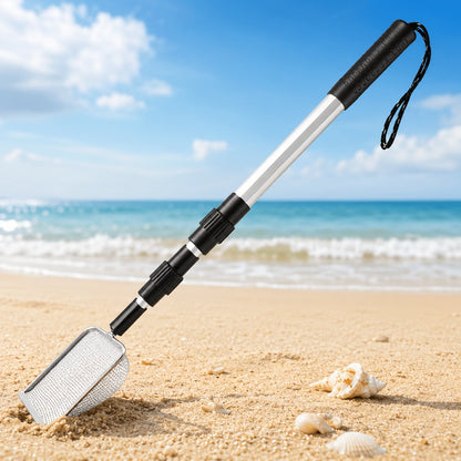Three-Section Telescopic Beach Sand Sifter with Rectangular Mesh Basket, Wrist Strap and Retractable Handle
