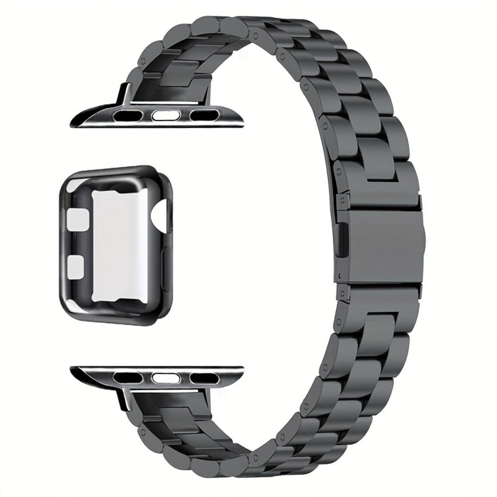 Slim Waist Apple Watch Steel Band & Half Shell Case 3-Piece Set – 2 Stainless Steel Bands + Protective Case Compatible with Apple Watch Series 1–9 SE Ultra 38 40 41 42 44 45 49mm – Gold Silver Rose Black