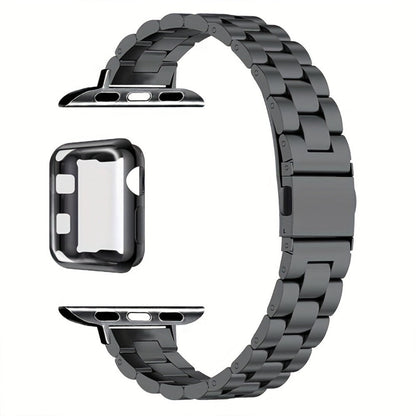 Slim Waist Apple Watch Steel Band & Half Shell Case 3-Piece Set – 2 Stainless Steel Bands + Protective Case Compatible with Apple Watch Series 1–9 SE Ultra 38 40 41 42 44 45 49mm – Gold Silver Rose Black