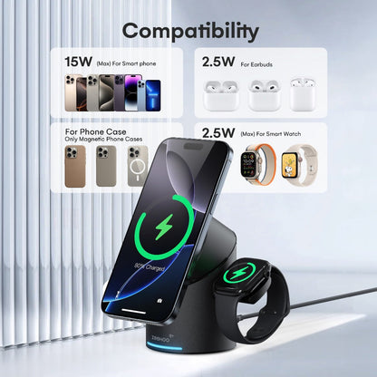 Wireless Charging Station, ZEEHOO CylinTrick-R Qi2-Marked 15W Rotating 3-in-1 Stand in White or Black