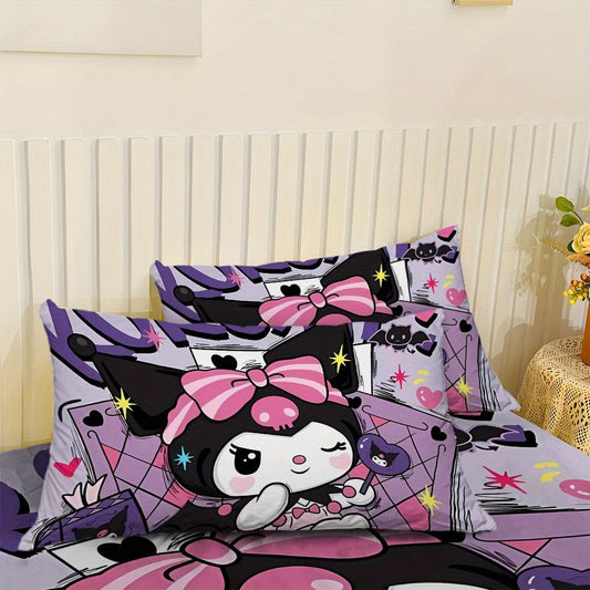 Sanrio Hello Kitty & Kuromi Bedding Set 3pcs – Fitted Sheet & Pillowcases, Soft Polyester, Machine Washable, Twin Full Queen King, All-Season Bedroom Decor for Kids Girls Home Guest Room