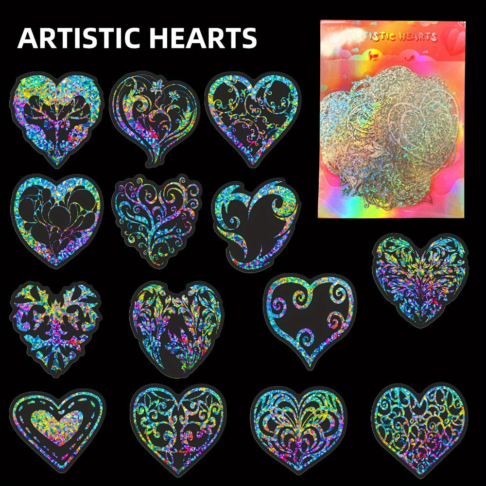 Holographic Heart Stickers 50pcs Laser Sparkling Love Decals for Laptop Phone Water Bottle Guitar Car Luggage