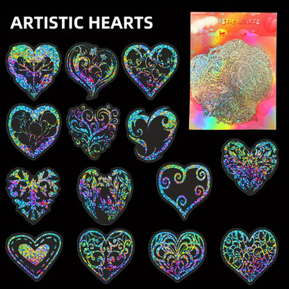 Holographic Heart Stickers 50pcs Laser Sparkling Love Decals for Laptop Phone Water Bottle Guitar Car Luggage