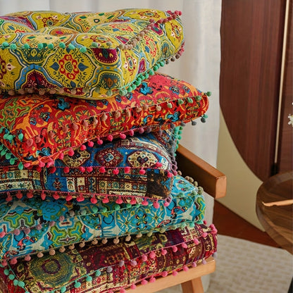 Square Bohemian Floor Cushion in Moroccan Orange or Bohemian Yellow with Forty-Two-Centimeter Size