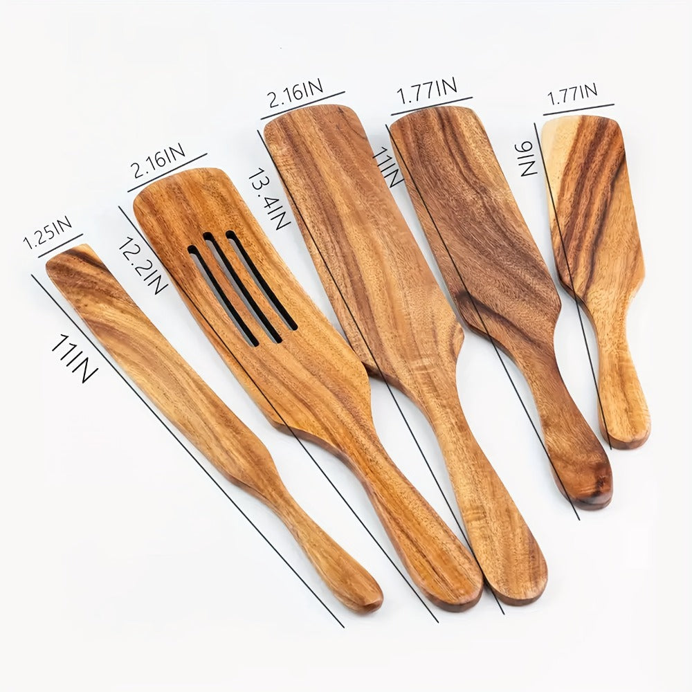 Kitchen Utensils Five-Piece Teak Wood Spurtles and Spatulas with Brown Grain and Hanging Holes for Cooking
