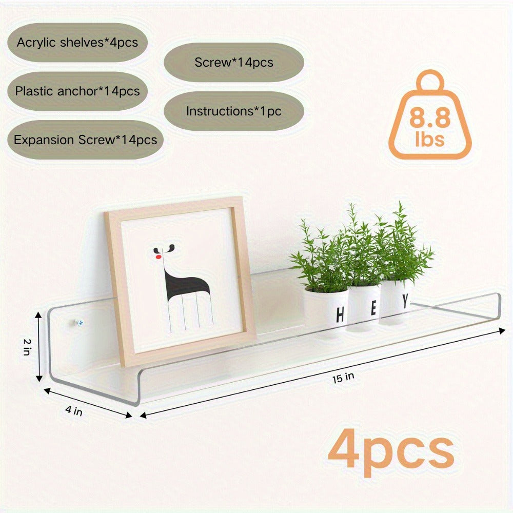 Clear Acrylic Wall Display Shelf Set in 15 x 4-Inch Size with 4, 8 or 16 Shelves and Mounting Hardware