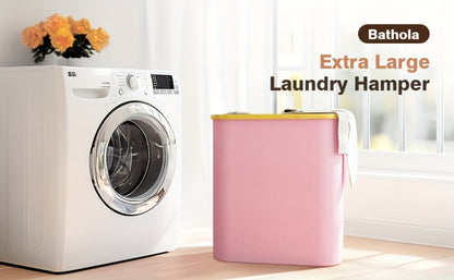 Pink 145L Laundry Hamper with Lid, Three Sorting Sections, Bamboo-Look Handles and Removable Inner Bags