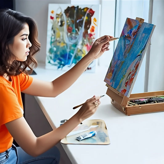 Plein Air Painting Set 14 Piece – Portable Sketch Box with Adjustable Wooden Tabletop Easel Paint Canvas Tray 4 Brushes & Palette Knife | Complete Outdoor Art Kit for Artists Adults Beginners