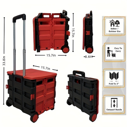Collapsible Red Rolling Storage Crate with Lid, Wheels and Telescoping Pull Handle for Transport
