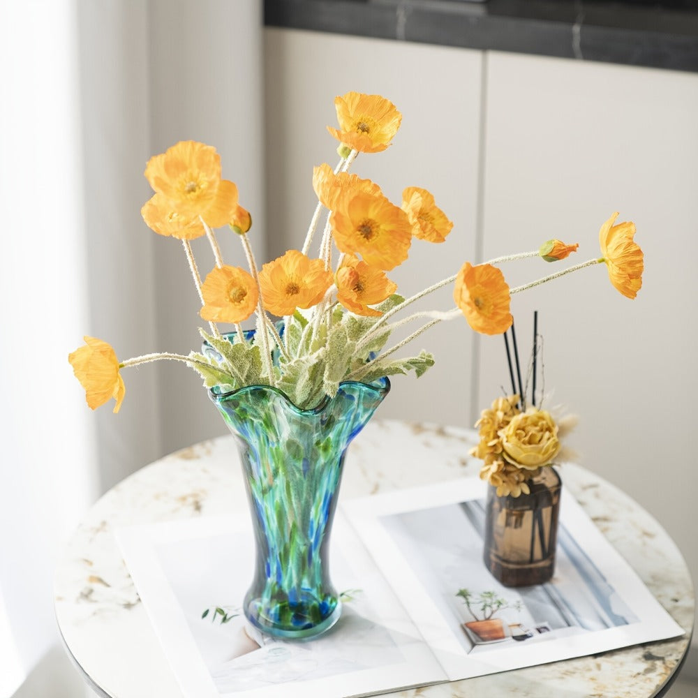 Teal Green Art Glass Flower Vase with Wide Petal-Shaped Mouth, 26 cm Height and Thick Round Base