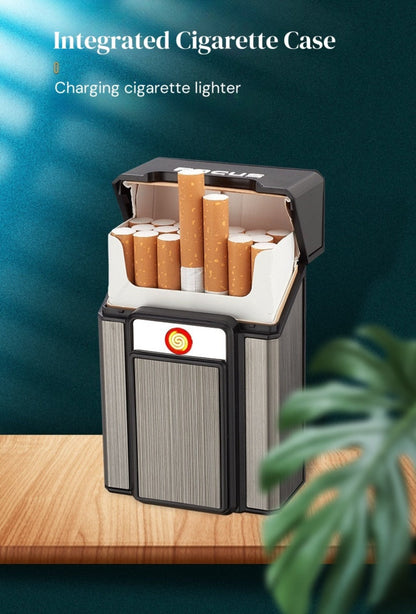 Black Pop-Up Cigarette Case with Integrated USB-Rechargeable Electric Lighter and Sliding Cover