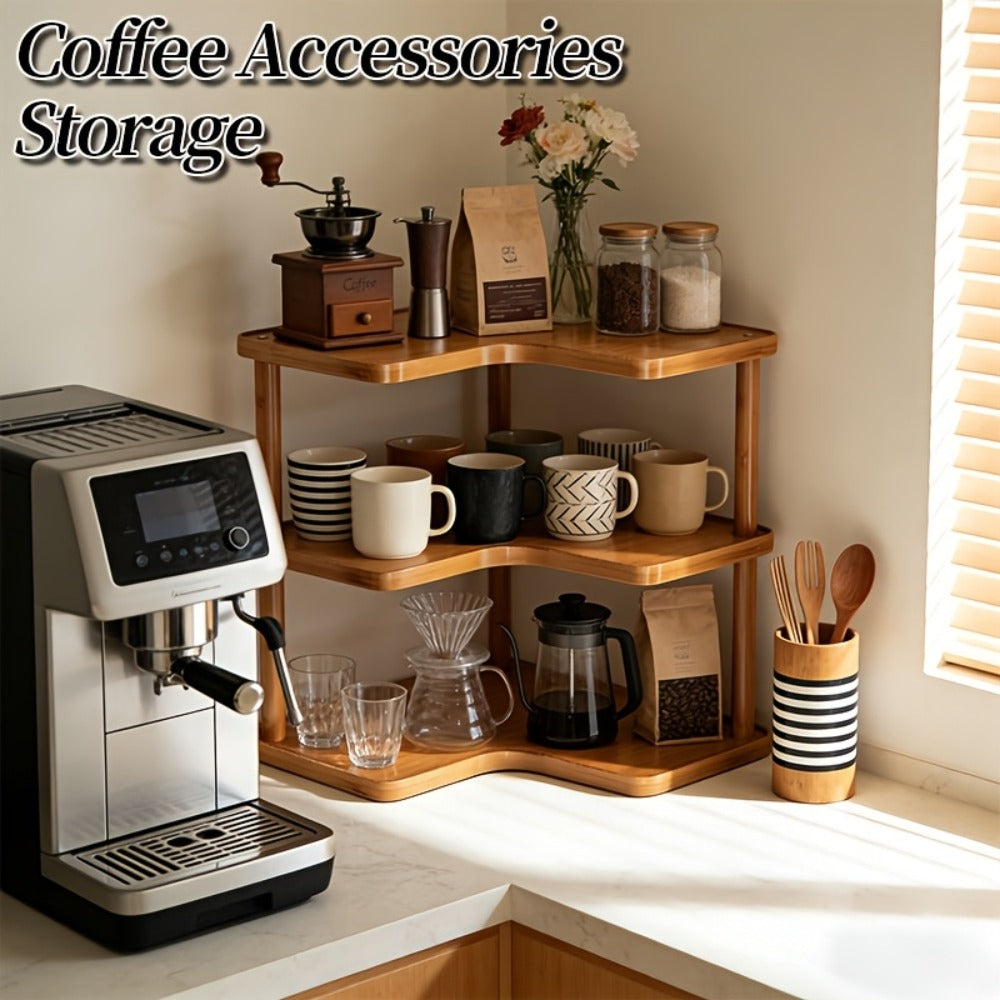 Corner Shelf Kitchen Organizer 3-Tier Brown Triangular Countertop Rack for Coffee Station Accessories