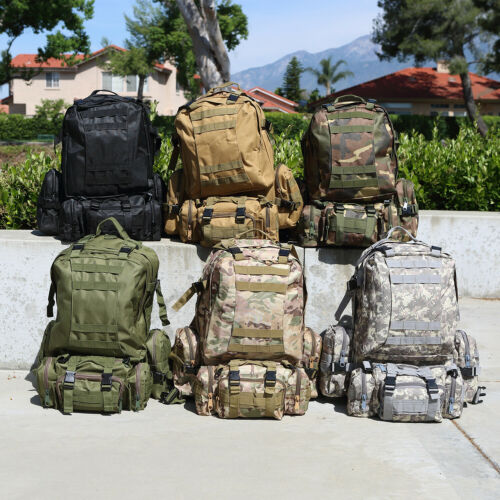 60L Tactical-Style Backpack with Three Detachable Pouches, MOLLE Webbing and Six Color Checkout Options
